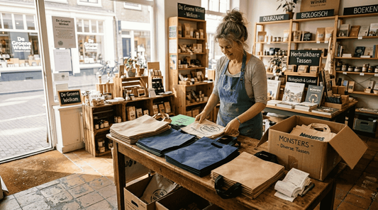 Een winkelier die stevige boodschappentassen netjes opstapelt in de winkel.