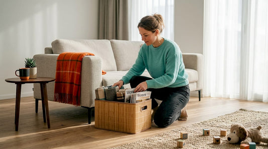 Een vrouw ruimt spullen netjes op in een bamboemand in de woonkamer.