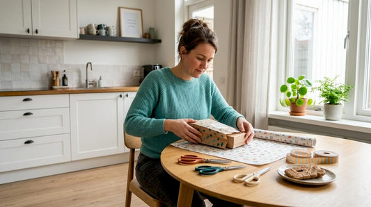In de keuken staat een vrouw haar cadeau zorgvuldig in een blokbodemzakje te verpakken.