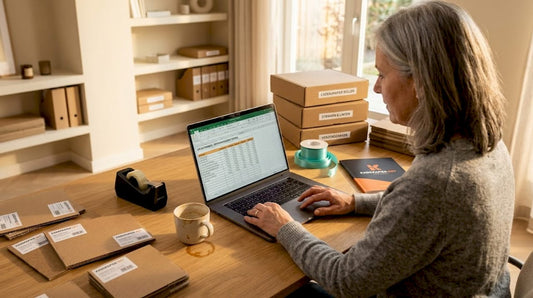 Een ondernemer zit aan zijn bureau en bekijkt grondig hoeveel hij kwijt is aan verpakkingsmaterialen.