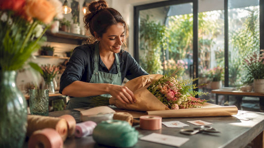 Een vrouw maakt een kleurrijk boeket klaar