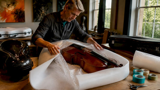 Iemand die zijn cello met zorg in beschermend materiaal wikkelt
