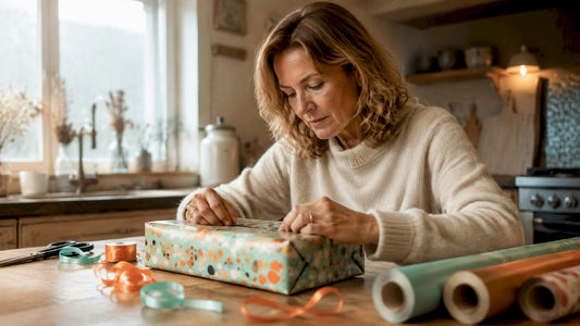 Een vrouw zit aan de eettafel cadeautjes in te pakken.