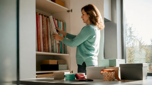 Een vrouw die haar cadeaupapier netjes organiseert en opbergt