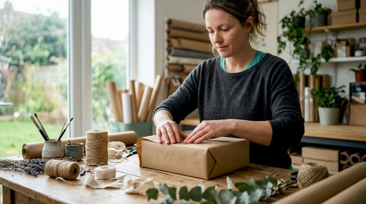 Een vrouw is bezig een cadeau mooi in te pakken met allerlei decoratieve materialen, zoals linten en kleurrijk papier.