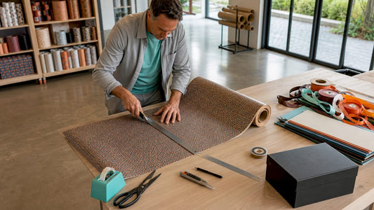 Man inspecteert grote rol industrieel cadeaupapier in zijn werkplaats