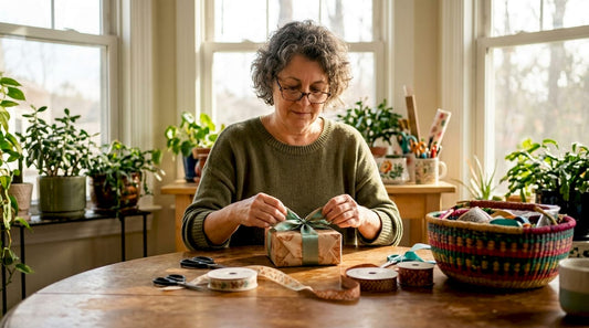 Een vrouw zit aan de knutseltafel strikken te maken met linten.