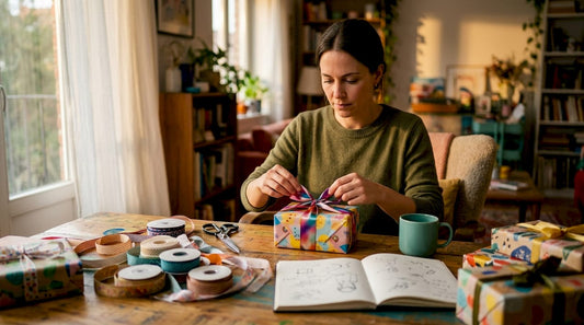 Een vrouw strikt een kleurrijk lint tot een mooie strik aan de tafel.