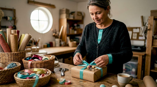 Een vrouw maakt een cadeautje extra feestelijk door het te versieren met een mooi lint en kleurrijke bloemen.