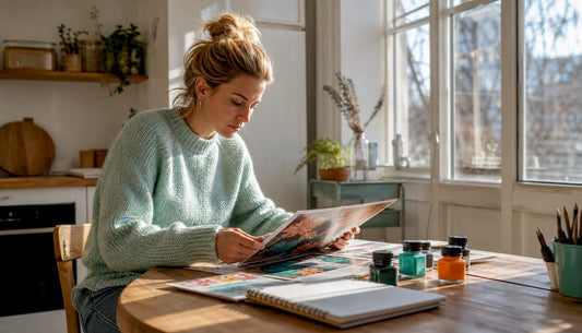In haar thuisstudio bekijkt de ontwerper aandachtig glanzende drukproeven.