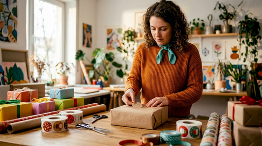 Een vrouw maakt haar cadeau extra feestelijk door er een vrolijke sluitsticker op te plakken.