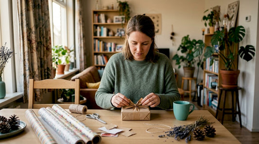Een enthousiaste hobbyist strikt met zorg een kraft lintje om een mooi ingepakt cadeautje.