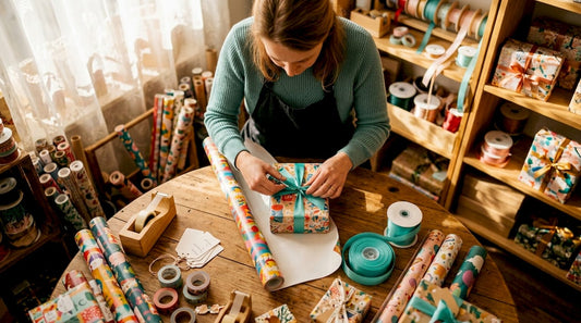 Een vrouw pakt een cadeau vakkundig in en maakt het af met mooie accessoires.