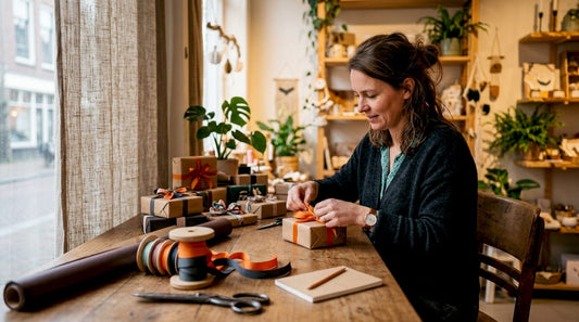 Een vrouw maakt een feestelijke etalage met geschenkverpakkingen op.