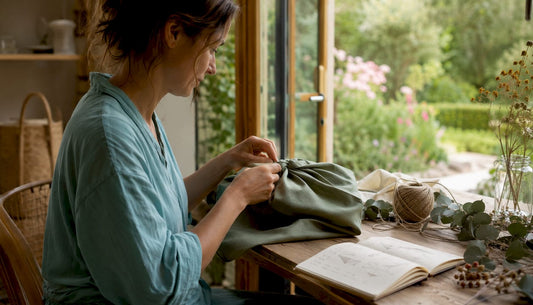 Vrouw wikkelt duurzaam cadeau in met Japanse Furoshiki-doek