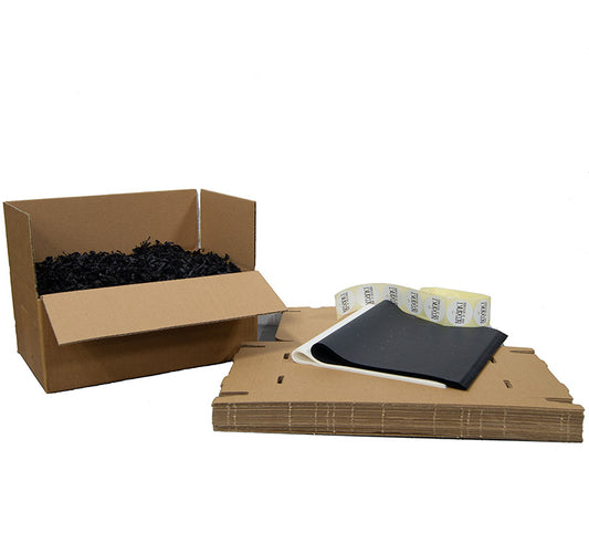 Brievenbus verzendkit zwart – 20x kraft brievenbusdoos 255x155x28 mm + wit & zwart gemstones-vloeipapier, zwart opvulpapier & witte bedankstickers