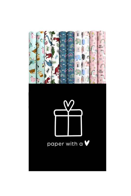 Hello – Cadeaupapier Kinderen - 50 Rollen Graspapier - FSC Recycled - Dino, Eenhoorn & Dieren