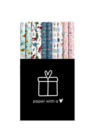 Hello – Cadeaupapier Kinderen - 50 Rollen Graspapier - FSC Recycled - Dino, Eenhoorn & Dieren
