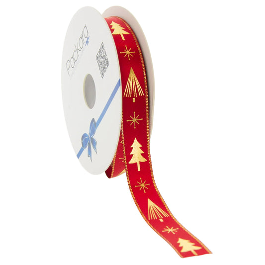 Kerstlint Satijn 'Christmas Tree' – Rood met Gouden Kerstbomen – Geweven Rand – 15mm x 20m