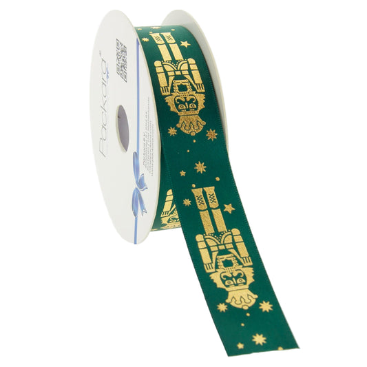 Kerstlint Satijn 'Nutcracker' – Groen met Gouden Notenkraker – Geweven Rand – 25mm x 20m