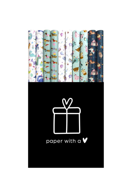 LOU – Cadeaupapier Kinderen – 50 Rollen Graspapier – FSC Recycled – Displaybox