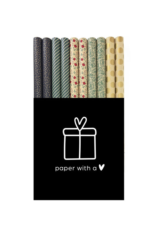 Rio – Cadeaupapier Displaybox - 50 Rollen Gras & Kraftpapier - FSC Recycled - Groen Rood Goud