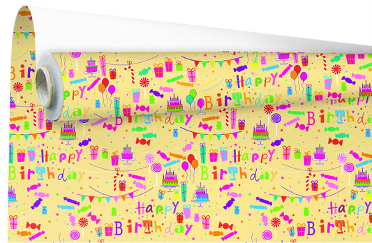 Happy birthday - Rol inpakpapier – Wit gestreept kraft met gekleurde vlinders – 60 grams gestreken kraft – 69cmx50mtr.