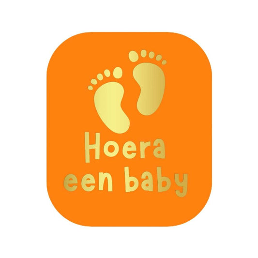 Sluitstickers "Hoera een Baby" - Oranje met Metallic Goud - Voetafdruk - 39x45 mm - 250 stuks